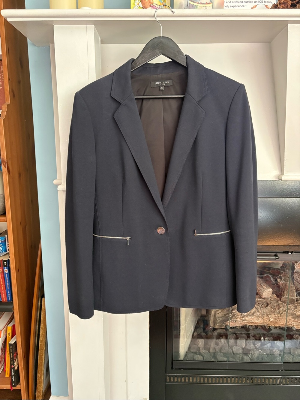 Lafayette 148 New York navy single-button blazer with zip pockets